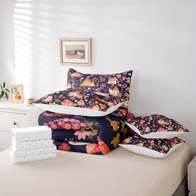 Castle Fairy Groovy Flowers 7 Pieces Bedding Set Twin Bed in a Bag,Watercolor Dreamy Flowers House Comforter Set for Bedroom Decor,Cartoon Jungle Mushroom Plants Soft Warm Microfiber Bedding