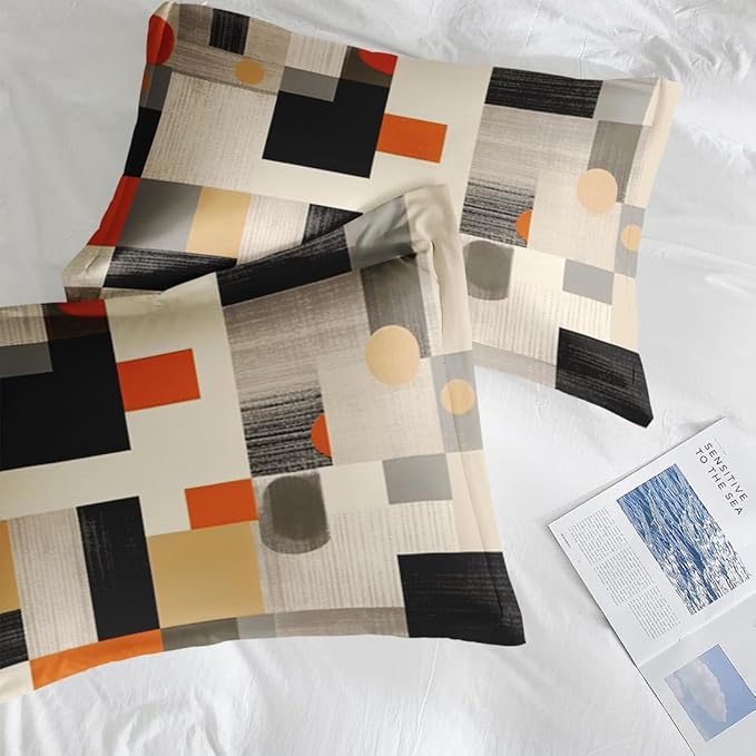 Comforter Set King Size, Geometric Painting Contemporary 7 Pcs Bedding for Kids and Adults, Gray Orange Bed Sheet Sets with Fitted Sheet 2 Pillowcase & 2 Sham for Bedroom Bed Decor