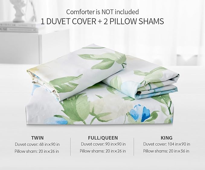 SLEEPBELLA Duvet Cover King, 600 Thread Count Cotton 3pcs Bedding Set Blue Flowers and Green Leaves Printed on White Reversible Comforter Cover