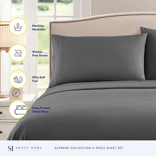 RV Queen Bed Sheets - Breathable Luxury Sheets with Full Elastic & Secure Corner Straps Built In - 1800 Supreme Collection Extra Soft Deep Pocket Bedding Set, Sheet Set, RV Short Queen, Gray