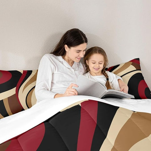 Black Red Brown Comforter Set Twin Size Vintage Abstract Stripes Bedding Set for Kids Girls Women Adult Bedroom Decor Geometric Circle Waves Quilt Set Soft Polyester Duvet Insert 2pcs
