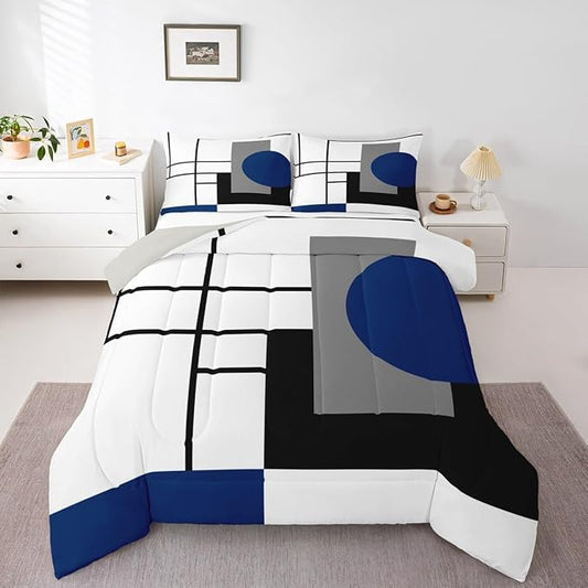 Erosebridal White Black Blue Striped Bedding Set Full Size Boho Modern Geometric Abstract Comforter Set for Adult Women Men Stripes Lines Bed Sets Minimalist Square and Circle Quilt Sets