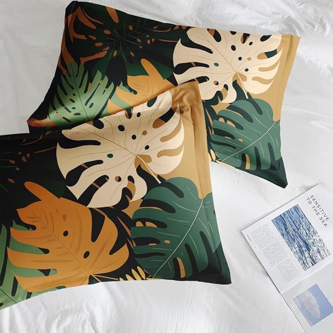 Comforter Set Full Size, Boho Monstera Leaves 7 Pcs Bedding for Kids and Adults, Bohemian Plant Summer Bed Sheet Sets with Fitted Sheet 2 Pillowcase & 2 Sham for Bedroom Bed Decor