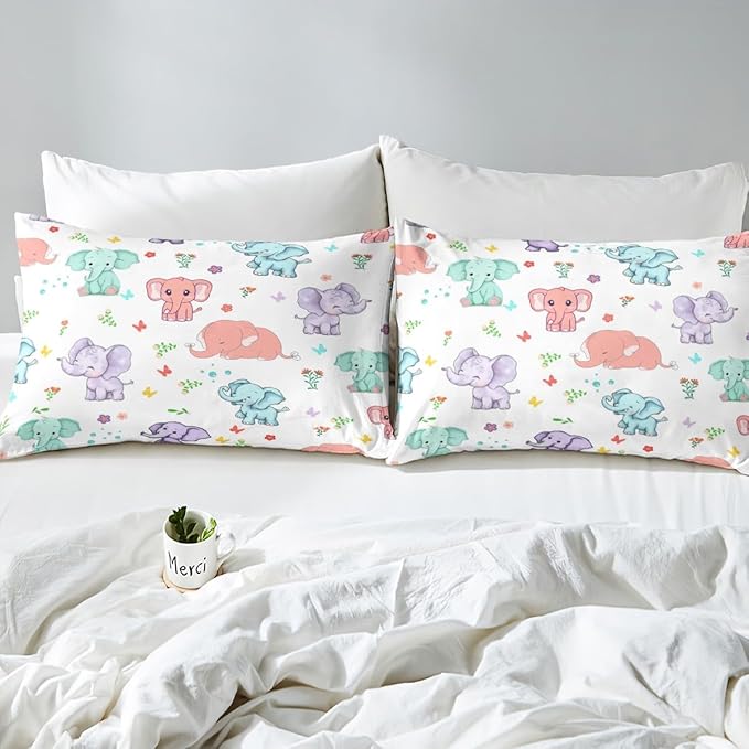 Cartoon Elephant Bed Sheet Set for Kids,Watercolor Flowers Leaves Butterfly Sheets Set,Cute Wild Animal Elephants Home Decor Sheet Sets with Deep Pocket,Top Sheet,1 Pillow Case,Twin