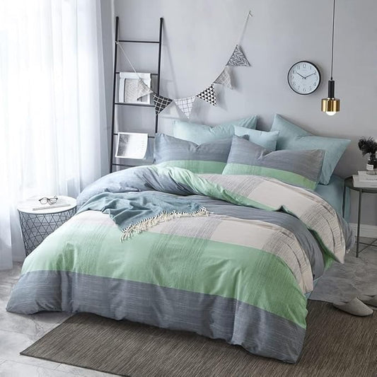 VM VOUGEMARKET Blue Green Comforter Set Queen Patchwork Geometric Comforter with 2 Pillowcases Simple Modern Bedding Set Bed in a Bag All Season Queen Comforter Set for Teens Adults