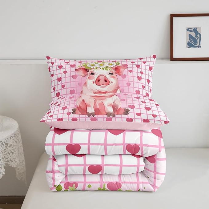 Cute Pig Bedding Set Full, Cherry Blossoms Comforter Set For Girls Kids, Cartoon Pet Animal Duvet Set, Pink Grid Heart Pattern Lattice Quilted Duvet, Farmhouse Bedding Comforters, All Season