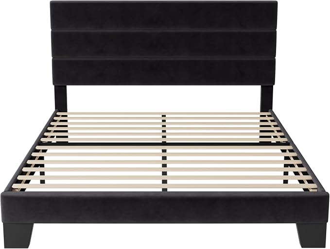 Allewie Queen Size Platform Bed Frame with Velvet Upholstered Headboard | Wooden Slats Support, Fully Upholstered Mattress Foundation, No Box Spring Needed, Easy Assembly, Noise-Free, Black