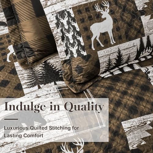 3 Piece Cabin King Size Quilt Sets Farmhouse Rustic Reversible Microfiber Soft Lightweight Bedspread Comforter with 2 Shams Patchwork Country Lodge Bedding Quilts Set for All Season, 106''x96'', Brown