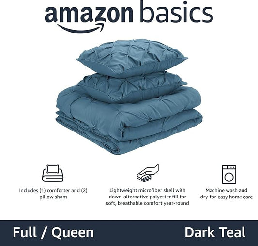 Amazon Basics All-Season Down-Alternative 3-Piece Comforter Bedding Set with Microfiber Pillow Shams, Pinch Pleat Design, Full/Queen, Dark Teal