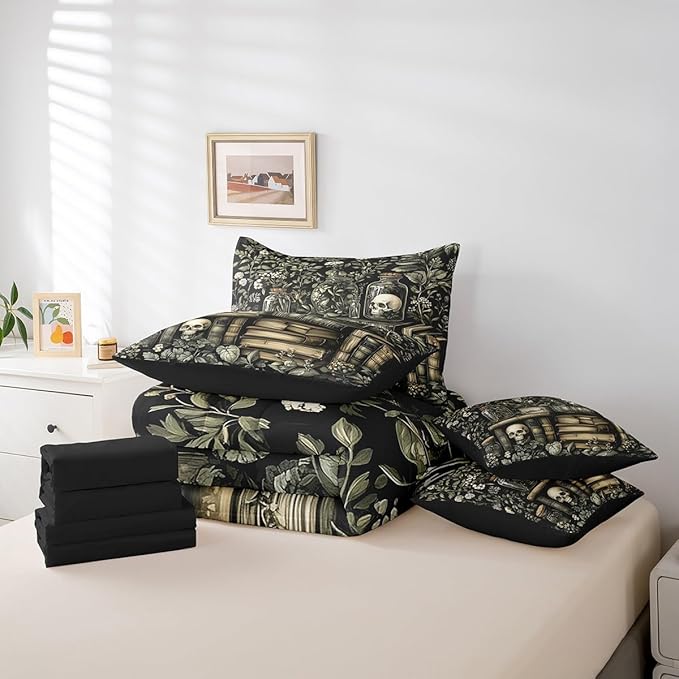 jejeloiu Dark Academia Bedding Set 7Pcs King Size Kids Skull Comforter Set with Sheets for Boys Girls Goth Bed in a Bag Soft Lightweight,Microfiber