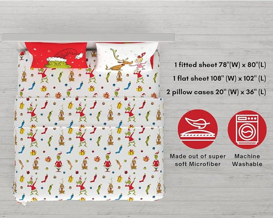 Collectibles Dr. Seuss The Grinch Holiday & Christmas Bedding Super Soft Microfiber 4 Piece King Sheet Set, (Officially Licensed Product) By Franco