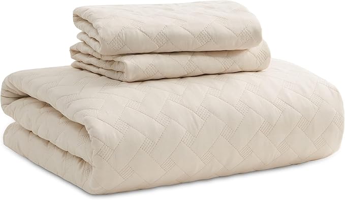 Bedsure Quilts Queen Size - Lightweight Bedspreads Queen Size with Basket Weave Pattern, Soft Quilt Bedding Set, Beige Comforter Set Coverlet for All Seasons with 2 Pillow Shams (90" x 96") | Skin-Friendly Soft, All-Season Comfort, Breathable, Lightwei...