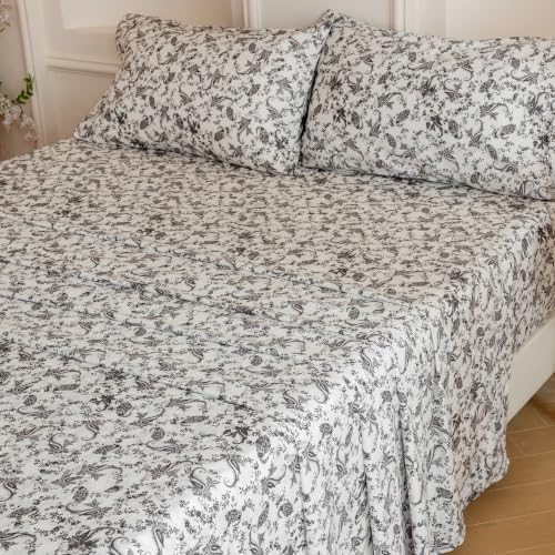 FADFAY 100% Cotton Queen Sheet Set, Ivory Black Paisley Floral Bed Sheets