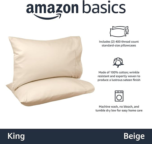Amazon Basics 400 Thread Count Cotton Pillow Case, King, Set of 2, Beige, 40" L x 20" W, Pillows Not Included