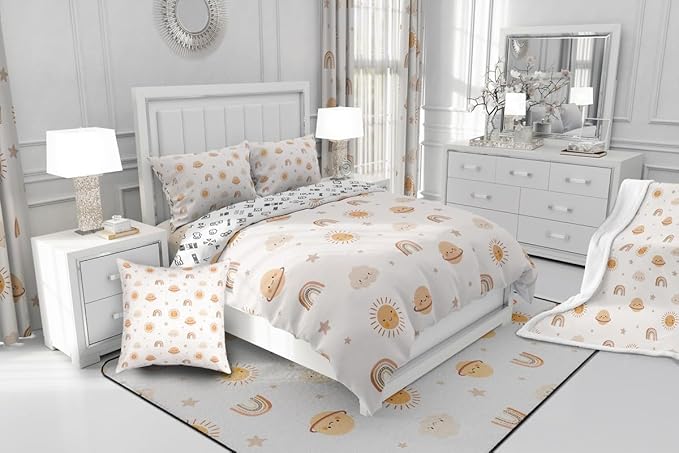 Erosebridal Girls Rainbow Comforter Set Kids Sun and Stars Quilt King Children Kawaii Planets Clouds Comforters & Sets Girly Cartoon Theme Bedding Set Iridescent Print Down Comforter + 2 Pillowcases