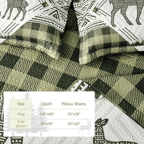 3 Piece Cabin King Size Quilt Sets Farmhouse Rustic Reversible Microfiber Soft Lightweight Bedspread Comforter with 2 Shams Patchwork Country Lodge Bedding Quilts Set for All Season, 106''x96'', Green
