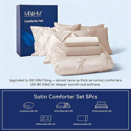 MR&HM Satin Comforter Twin XL 5 Pieces - Luxurious Pinch Pleat Bedding Set with Comforter, Flat Sheet, Fitted Sheet, Pillowcase & Sham, Super Silky Soft Bed Set for All Season (Twin XL, Beige)