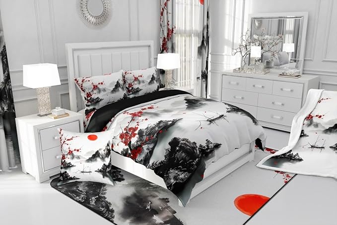 Feelyou Japanese Ukiyoe Theme Bedding Set Queen Size Cherry Blossom Duvet Cover for Adult Kids Boys Girls Watercolor Comforter Cover Set Natural Landscape Bedspread Cover 3Pcs Zipper