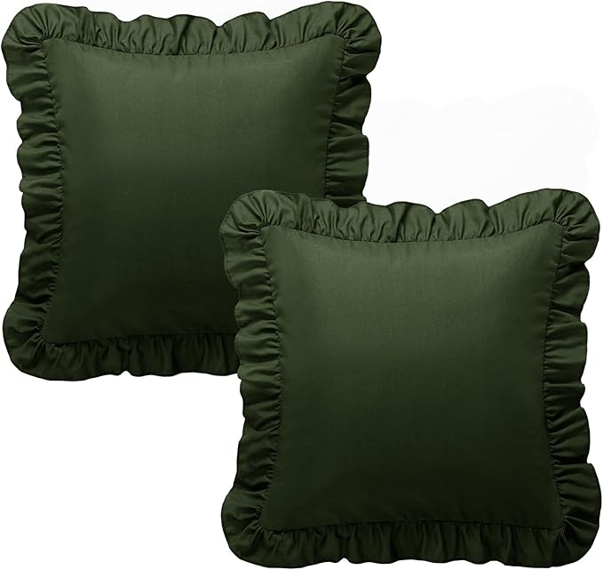 KKJIAF Ruffle Pillow Cases 24x24 Inches, Olive Green Square Ruffled Pillow Covers Set of 2, Microfiber Wrinkle Resistant Pillow Shams with Envelope Closure for Sofa Bed Living Room