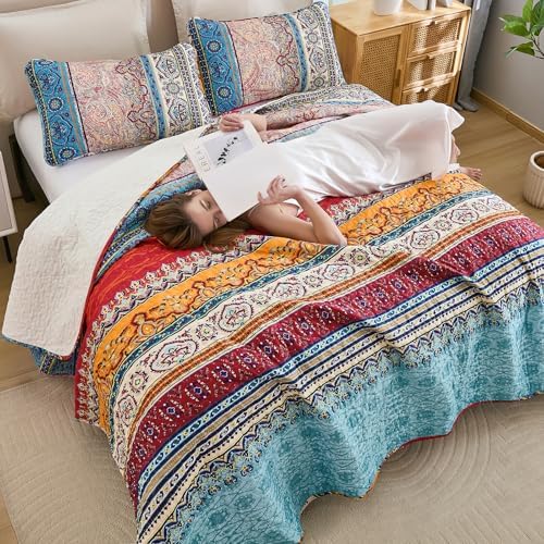 WONGS BEDDING Quilt Set King Size, Boho Stripe Bedding Set, Blue Red
