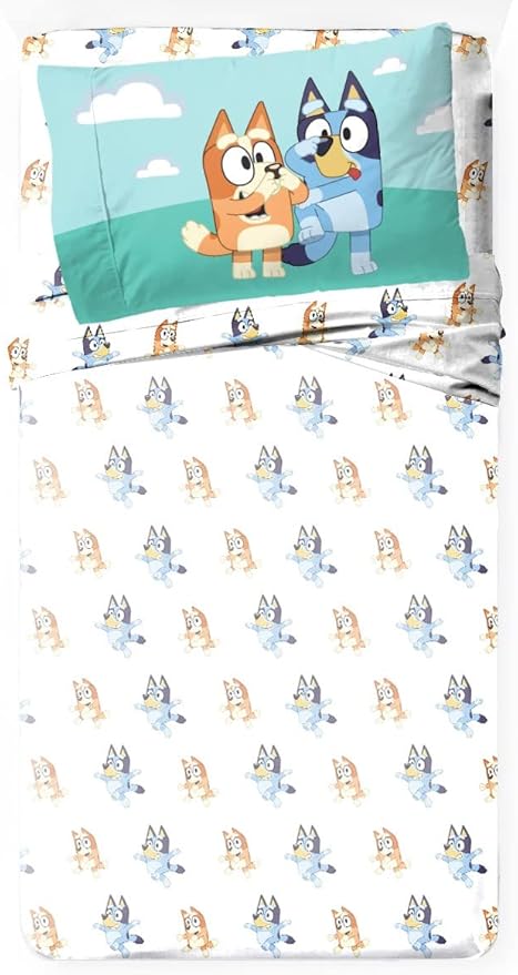 Jay Franco Kids Sheet Set with Fitted, Flat Sheets & Pillow Cover - Ultra-Soft Bedding with Pillowcase for Room Decor, White - Bluey, 4 Piece Full