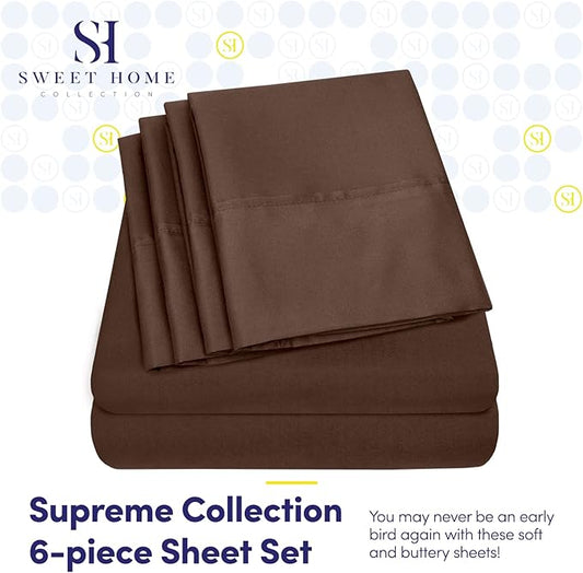 Queen Sheets Brown - 6 Piece 1500 Supreme Collection Fine Brushed Microfiber Deep Pocket Queen Sheet Set Bedding - 2 Extra Pillow Cases, Great Value, Queen, Brown