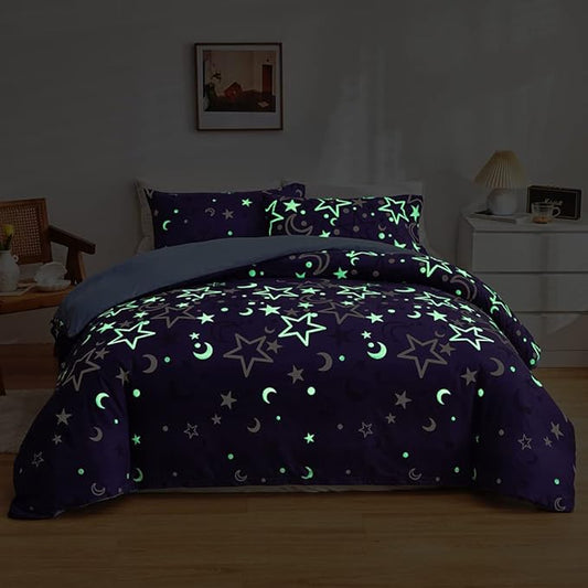 Feelyou Galaxy Glow in The Dark Comforter Set for Girls Kids Twin Purple Universe Starry Night Bedding Set Super Soft Outer Space Stars Moon Comforter Girl Bedroom Glow Decor Bedding Quilted Duvet