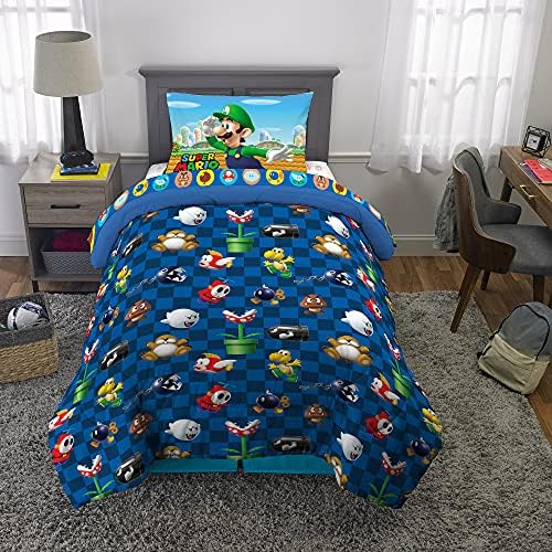 Super Mario Kids Twin Size Bedding, 4 Piece Super Soft Cozy Reversible Comforter and Sheet Set, (Officially Licensed Product) By Franco