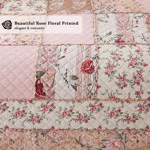Yvooxny Quilts King Size Patchwork Pink Floral Quilt Set Vintage Shabby Chic Botanical Floral Quilted Bedspread 3-Piece Quilt Set with Ruffle for All Seasons, King Size, 106 * 98 Inches