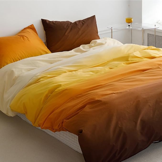 CLOTHKNOW Orange Brown Queen Comforter Set Yellow Gradient Bedding Comforter Sets Soft Yellow Queen Comforter with 2 x Pillow Cases