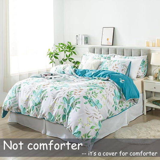 FADFAY Botanical Duvet Cover Set Twin XL 100% Cotton College Bedding Teal Green Leaves Print Comforter Cover Set Soft Breathable Dorm Room School Bedding Twin Extra Long with Zipper 3 Pieces