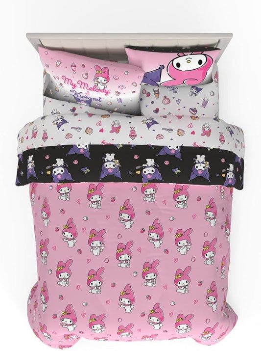 Sanrio Kuromi & My Melody Bedding 7 Piece Super Soft Cozy Reversible Comforter and Sheet Set with Sham, Queen, (100% Official Licensed Product) By Franco