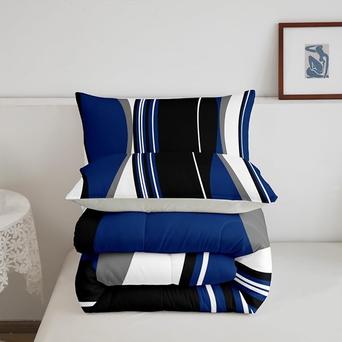Erosebridal Blue Black Abstract King Bedding Set Grey Modern Striped Comforter Set for Adult Women Men Geometric Stripes Lines Bed Collections Contemporary Art Boho Duvet Quilt Sets for Minimalist