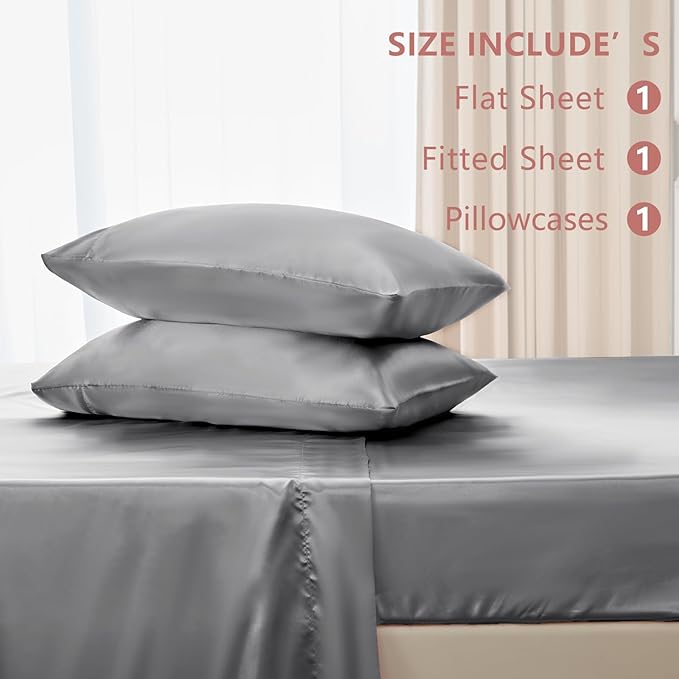 CozyLux Satin Sheets Twin Sheet Set - 3 Piece Silky Twin Bed Sheets, Luxury Light Grey Sheet Twin Size Bed Set with Smooth and Soft Microfiber, Includes 1 Fitted Sheet, 1 Flat Sheet and 1 Pillowcase