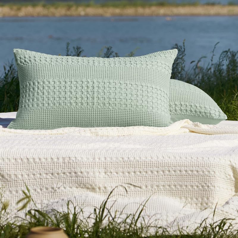 PHF Cotton Waffle Pillow Shams Queen Size 20" x 30", Mint Green, No Insert