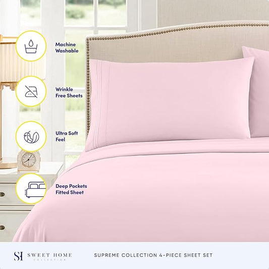 King Size Sheets - Breathable Luxury Bed Sheets with Full Elastic & Secure Corner Straps Built In - 1800 Supreme Collection Soft Deep Pocket Bedding, Sheet Set, EXTRA DEEP pocket - King, Pale Pink
