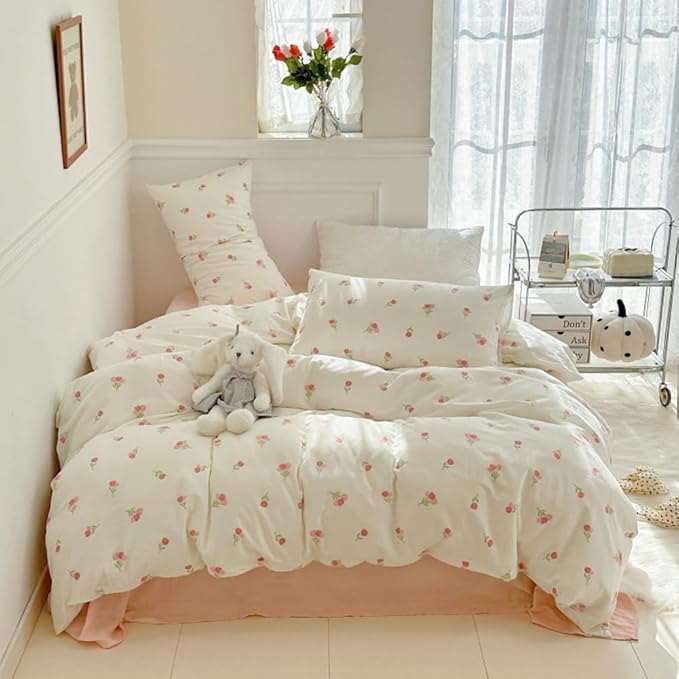 Nayoroom Pink Floral Duvet Cover Full Size Cute Tulip Printed on White Comforter Cover 3Pcs Kids Girls Kawaii Cottagecore Bedding Set with Zipper Closure Soft Breathable Microfiber