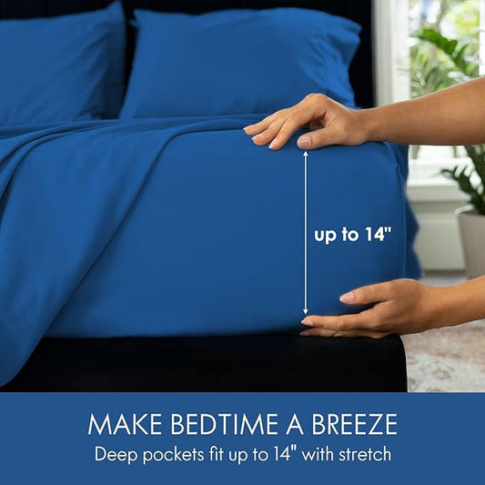ClevaHome Queen Size Sheets - 6 Piece Soft Breathable Luxury Bed Sheet Set - Shrinkage & Fade Resistant Embroidered Bedding Sheet with 14-inch Deep Pocket, 2 Extra Pillowcases (Queen, Royal Blue)