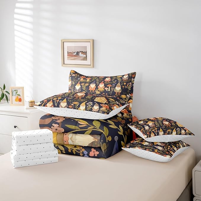 Retro Farmhouse Gnome Comforter Set 7 Pieces,Jungle Botanical Flowers Leaves Bed Set,Rustic Style Bedding Bed in a Bag,Twin (1 Comforter,2 Pillowcase,2 Pillow Covers,1 Flat Sheet,1 Fitted Sheet)