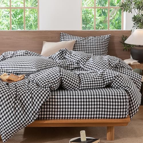 MooMee Gingham Duvet Cover Set 100% Washed Cotton Linen Like