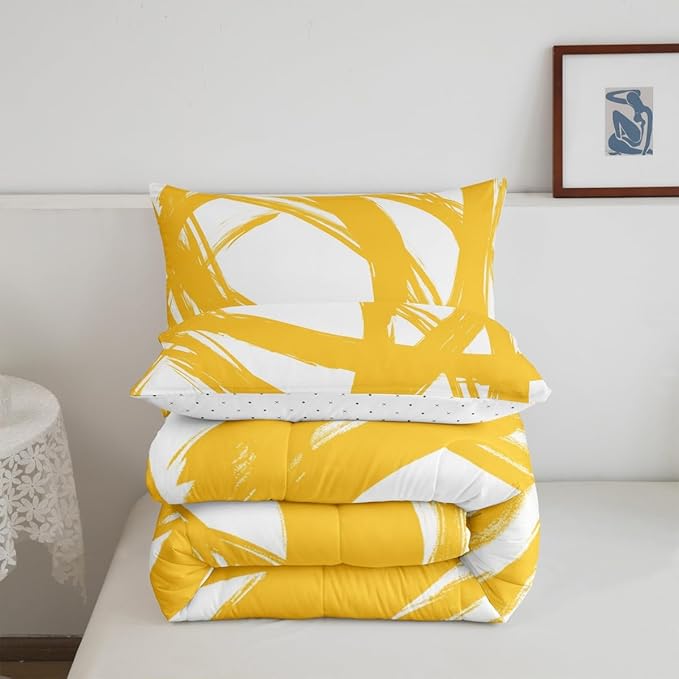 Erosebridal Yellow and White Abstarct Toddler Bedding Set,Aesthetic Geometric Comforter Set for Minimalists,Graffiti Stripes Lines Quilt,Contemporary Boho Modern Art Duvet Insert for Minimalism