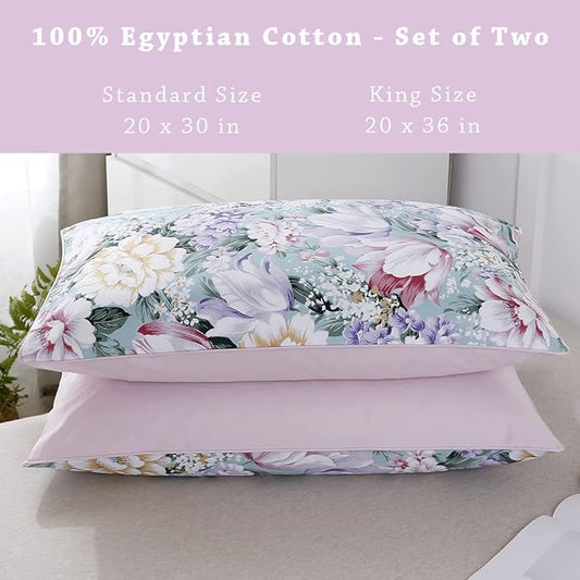 WINLIFE 100% Cotton Pillowcases Queen Size Garden Floral Printed Pillow Cases Set of 2 Soft and Breathable Cooling Pillow Case (Queen 20x30'', Purple Flower)