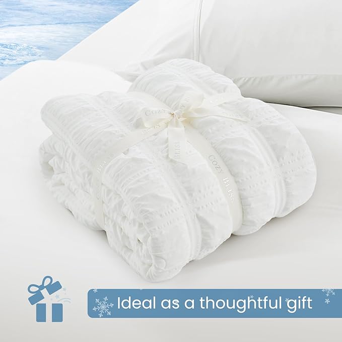 Cozy Bliss Cooling Comforter Seersucker Plaid Full Size, Q-Max 0.45 Lightweight Cooling Blanket, Breathable Silk Smooth Summer Bedding Quilt for Hot Sleepers Night Sweats White