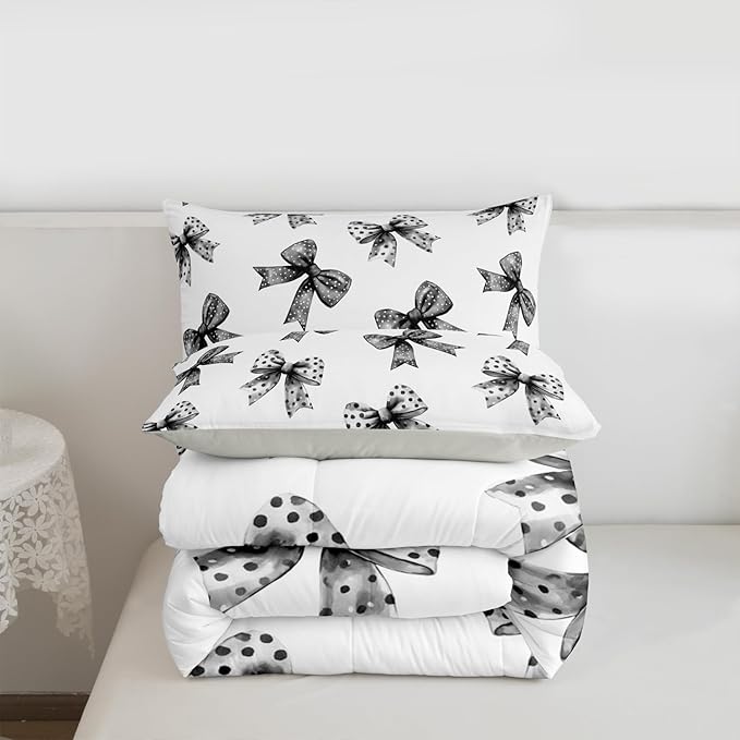 Erosebridal Bow Kids Comforter Set | Ribbon Black Bow Bedding Twin Size Coquette Bowknot with Dots Down Comforter Dreamy Princess Bowtie Duvet Set for Bedroom
