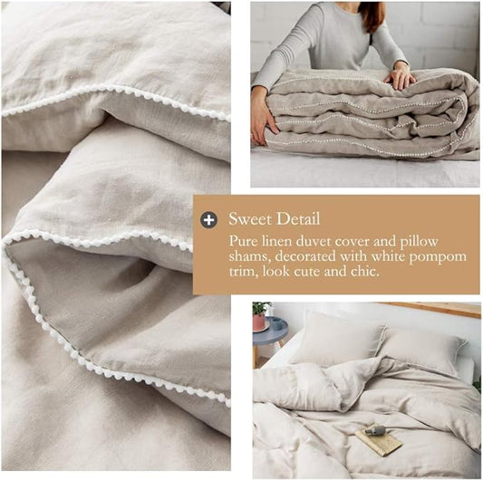 Simple&Opulence 100% Washed Linen Duvet Cover with Pom Pom Trim, Natural French Flax Bedding Set Soft Breathable,1 Farmhouse Boho Comforter Cover and 2 Pillow Shams(King,Natural Linen)