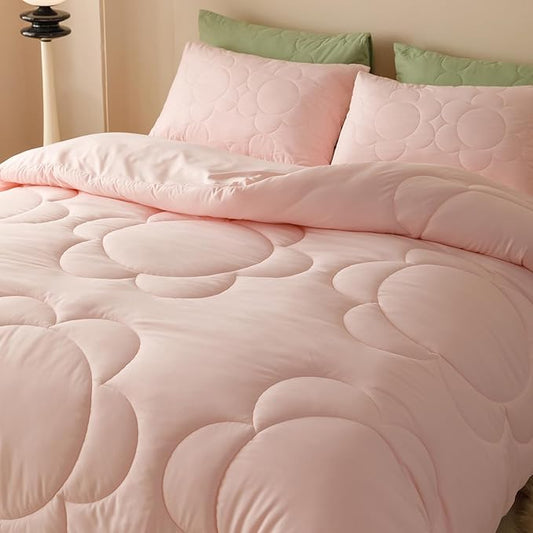CLOTHKNOW Pink Blush Full Size Comforter Sets 3Pcs Daisy Puff Bedding Comforter Sets Soft Boho Comforter Pink Comforter with 2 x Pillow Cases