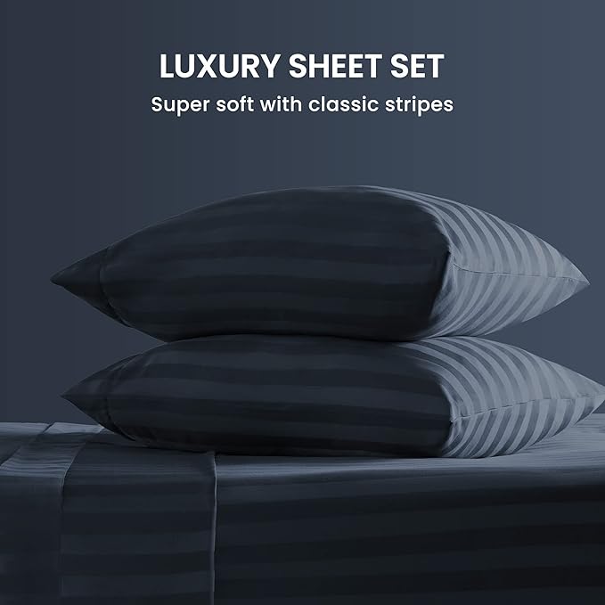 SLEEP ZONE Striped Cooling Queen Sheets Set - Fitted Flat Sheet & Pillowcase Sets 4 Piece - Super Soft Stripe Bed Sheet, Easy Care, Deep Pocket (Navy Blue, Queen)