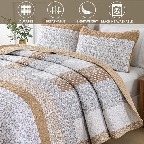 WONGS BEDDING Brown King Quilt Bedding Set, Bohemian Stripe Bedspread
