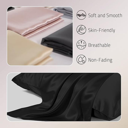 Mulberry Silk Pillow Cases Set of 2, Both Sides Real Silk Pillow Cover for Hair and Skin Prevent Acne Pillowcase Organic Silk Pillowcase 2 Pack with Hidden Zipper, Black, Queen (20"ร30")