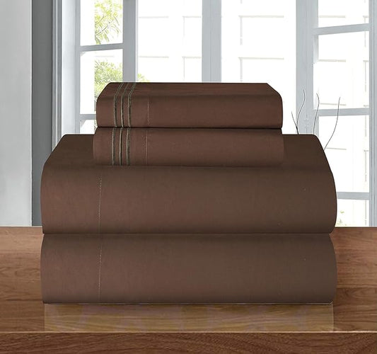 Elegant Comfort Luxury 1500 Premium Hotel Quality Microfiber 4-Piece Sheet Set - Wrinkle Resistant, All Around Elastic Fitted Sheet, Deep Pocket up to 16", RV Short Queen, Brown